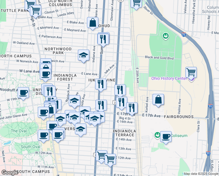 map of restaurants, bars, coffee shops, grocery stores, and more near 355 East 20th Avenue in Columbus