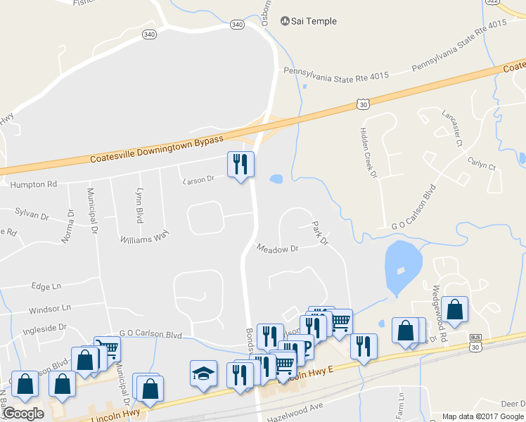 map of restaurants, bars, coffee shops, grocery stores, and more near 401 Bondsville Road in Downingtown
