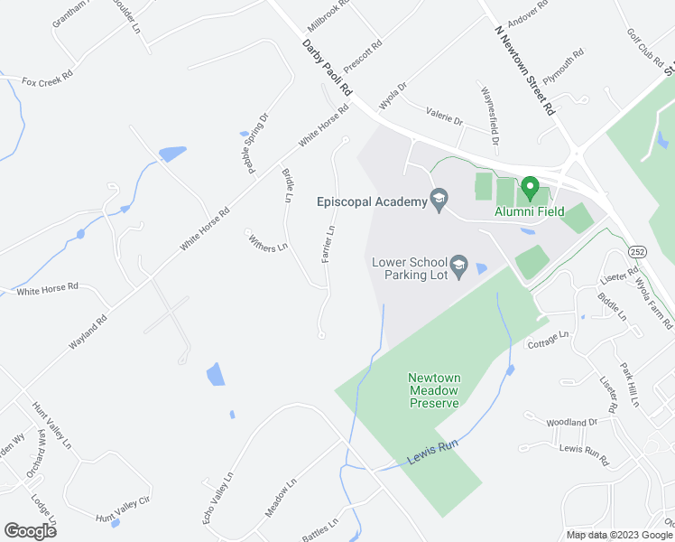 map of restaurants, bars, coffee shops, grocery stores, and more near 60 Farrier Lane in Newtown Square