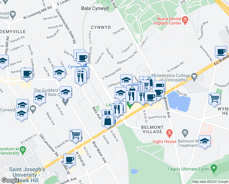 map of restaurants, bars, coffee shops, grocery stores, and more near 41 Conshohocken State Road in Bala Cynwyd