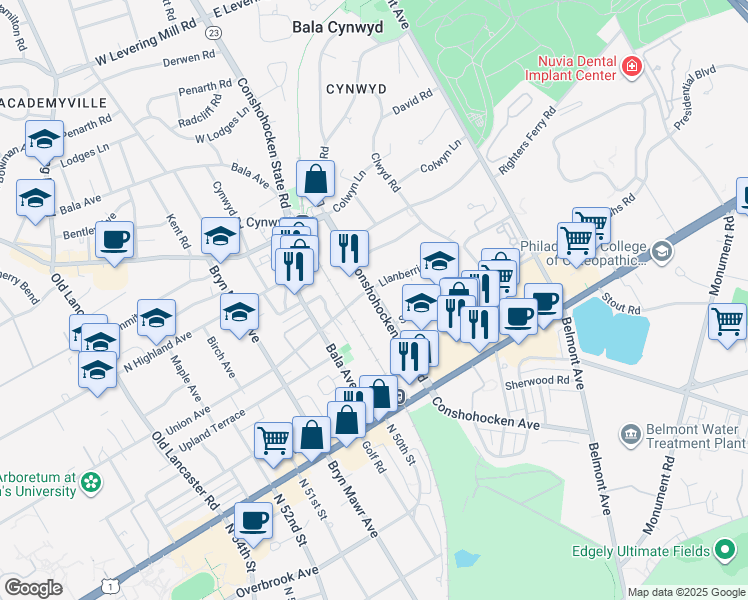 map of restaurants, bars, coffee shops, grocery stores, and more near 1 Union Avenue in Bala Cynwyd
