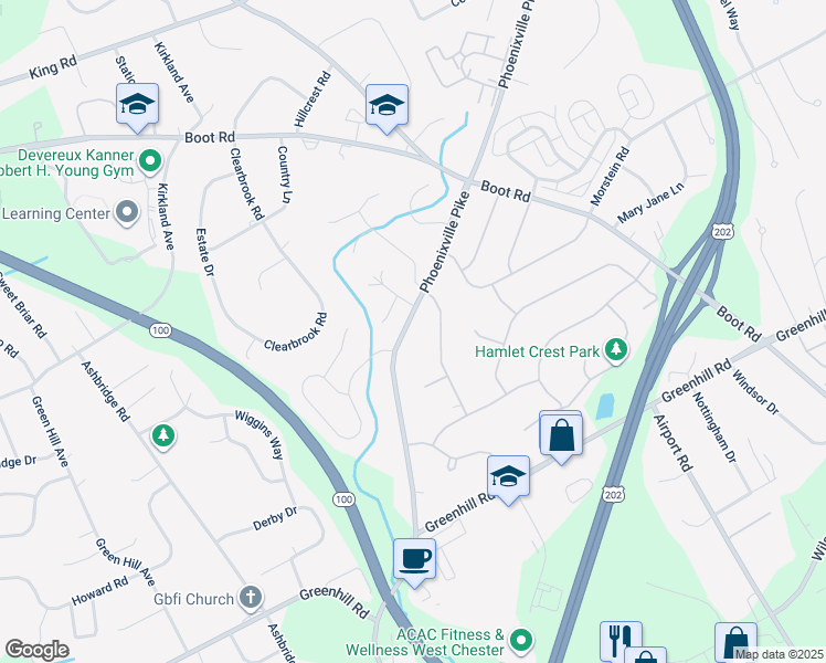map of restaurants, bars, coffee shops, grocery stores, and more near 1249 Phoenixville Pike in West Chester