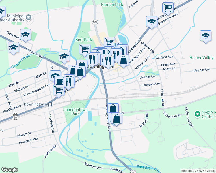 map of restaurants, bars, coffee shops, grocery stores, and more near 217 Brandywine Avenue in Downingtown