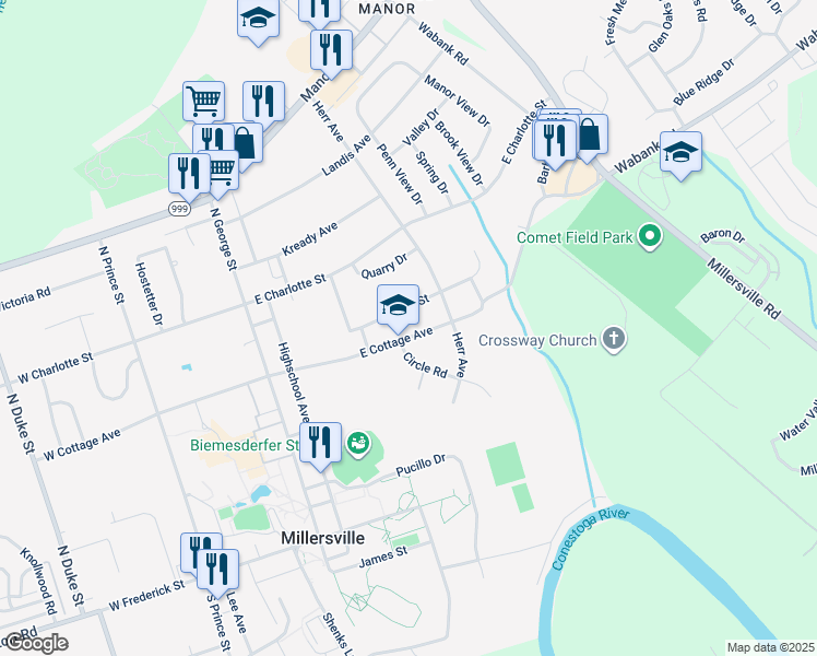 map of restaurants, bars, coffee shops, grocery stores, and more near 125 East Cottage Avenue in Millersville