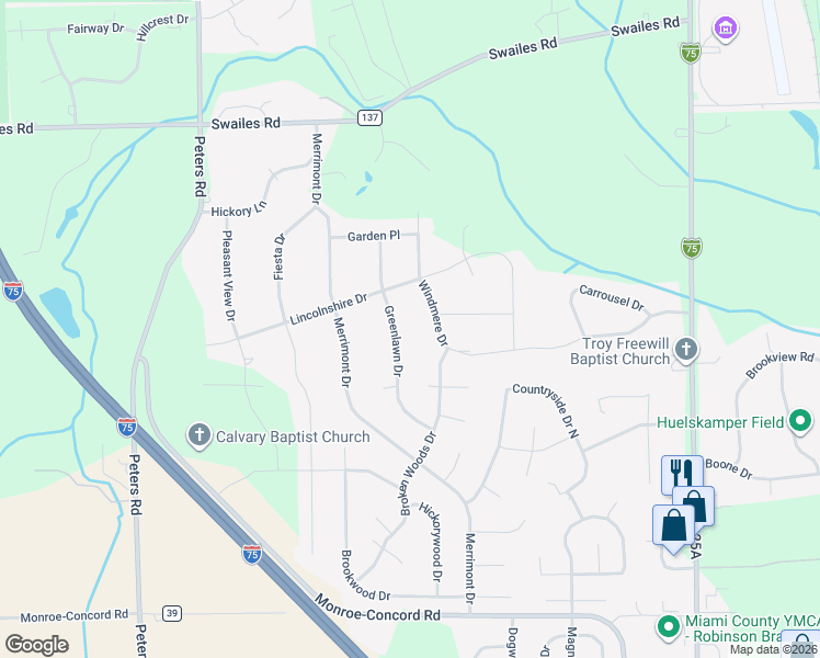 map of restaurants, bars, coffee shops, grocery stores, and more near 2477 Greenlawn Drive in Troy