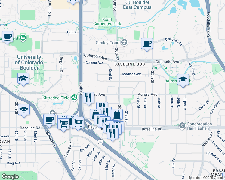map of restaurants, bars, coffee shops, grocery stores, and more near 2990 Aurora Avenue in Boulder