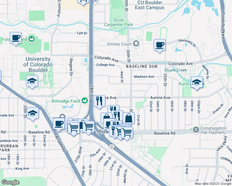 map of restaurants, bars, coffee shops, grocery stores, and more near 2900 Aurora Avenue in Boulder