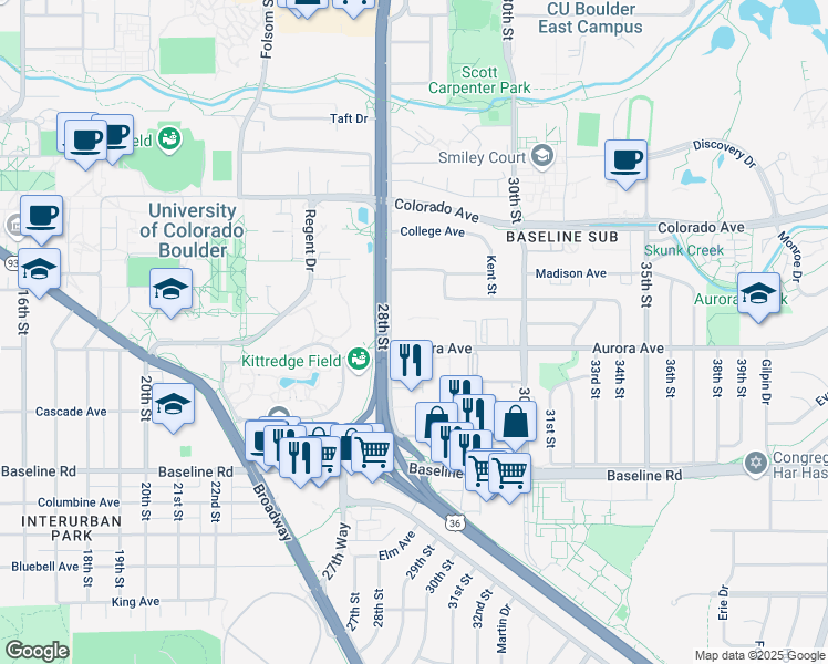 map of restaurants, bars, coffee shops, grocery stores, and more near 2800 Aurora Avenue in Boulder