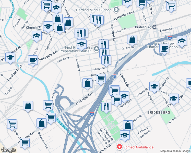 map of restaurants, bars, coffee shops, grocery stores, and more near 4521 Pearce Street in Philadelphia