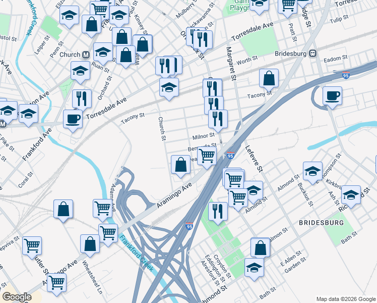 map of restaurants, bars, coffee shops, grocery stores, and more near 4336 Sepviva Street in Philadelphia