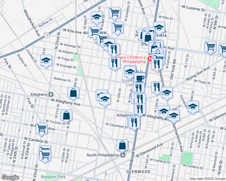 map of restaurants, bars, coffee shops, grocery stores, and more near 3238 North 16th Street in Philadelphia