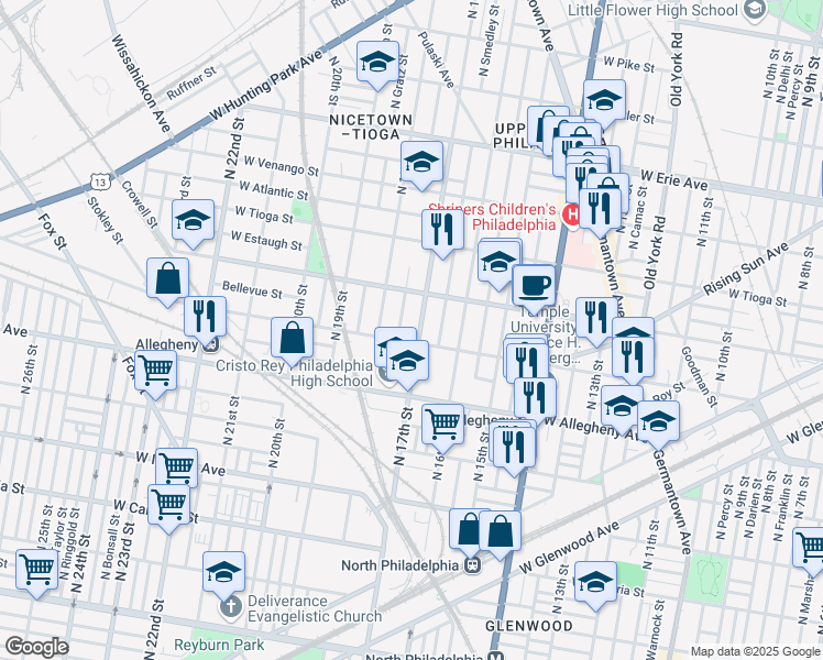 map of restaurants, bars, coffee shops, grocery stores, and more near 3250 North 17th Street in Philadelphia