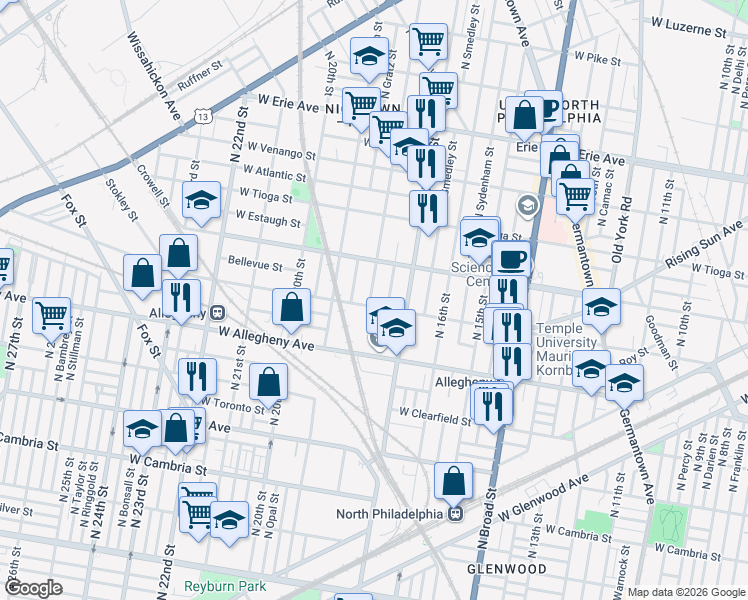 map of restaurants, bars, coffee shops, grocery stores, and more near 1729 West Allegheny Avenue in Philadelphia