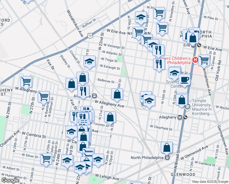 map of restaurants, bars, coffee shops, grocery stores, and more near 3221 North 20th Street in Philadelphia