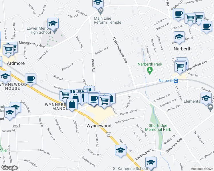 map of restaurants, bars, coffee shops, grocery stores, and more near 325 Penn Road in Wynnewood