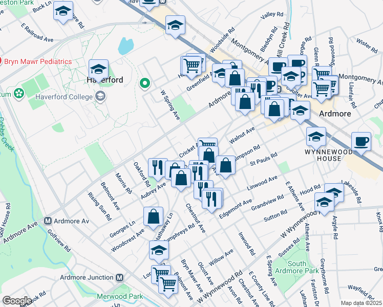 map of restaurants, bars, coffee shops, grocery stores, and more near 212 Lippincott Avenue in Ardmore