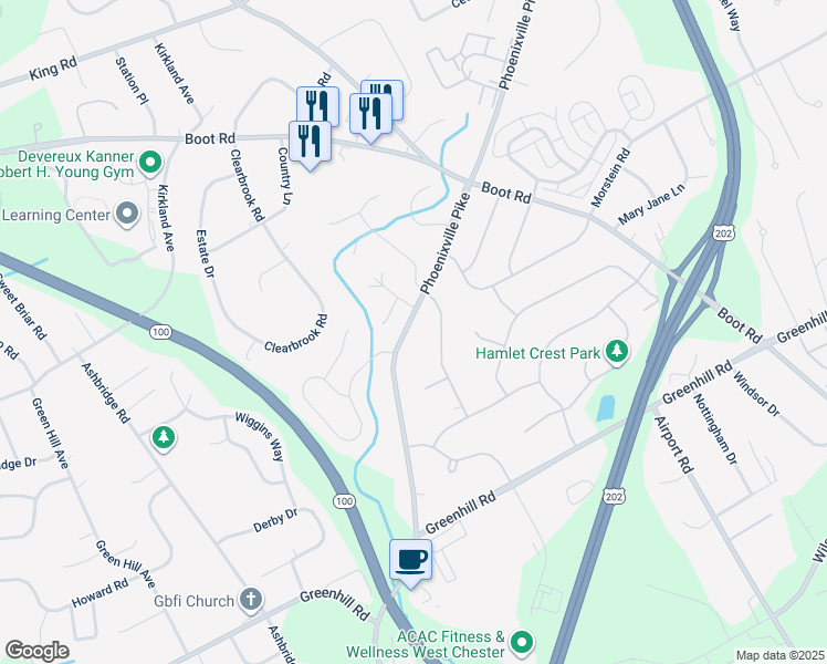 map of restaurants, bars, coffee shops, grocery stores, and more near 1249 Phoenixville Pike in West Chester