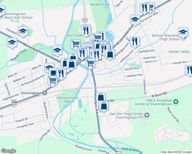 map of restaurants, bars, coffee shops, grocery stores, and more near 227 Brandywine Avenue in Downingtown