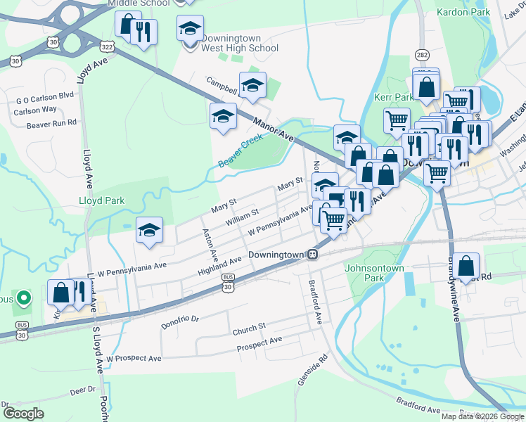 map of restaurants, bars, coffee shops, grocery stores, and more near 317 West Pennsylvania Avenue in Downingtown