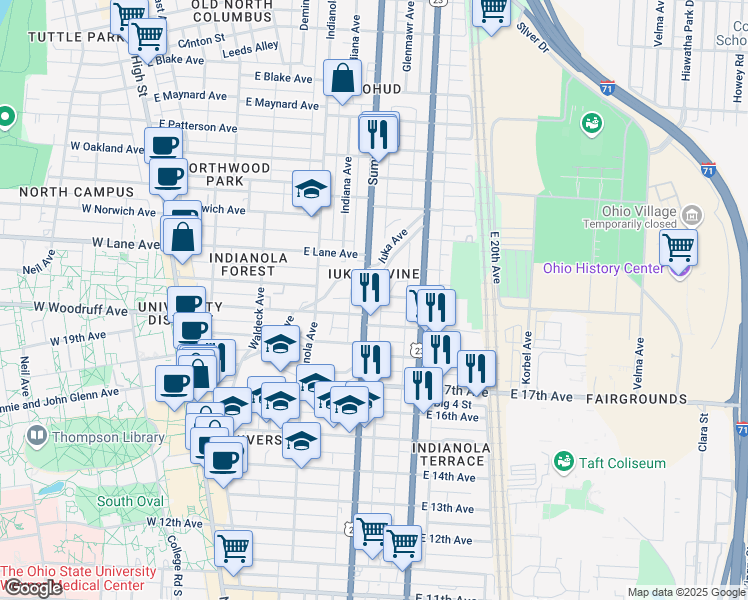 map of restaurants, bars, coffee shops, grocery stores, and more near 1975 Summit Street in Columbus