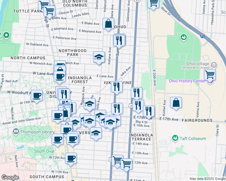 map of restaurants, bars, coffee shops, grocery stores, and more near 1975 Summit Street in Columbus