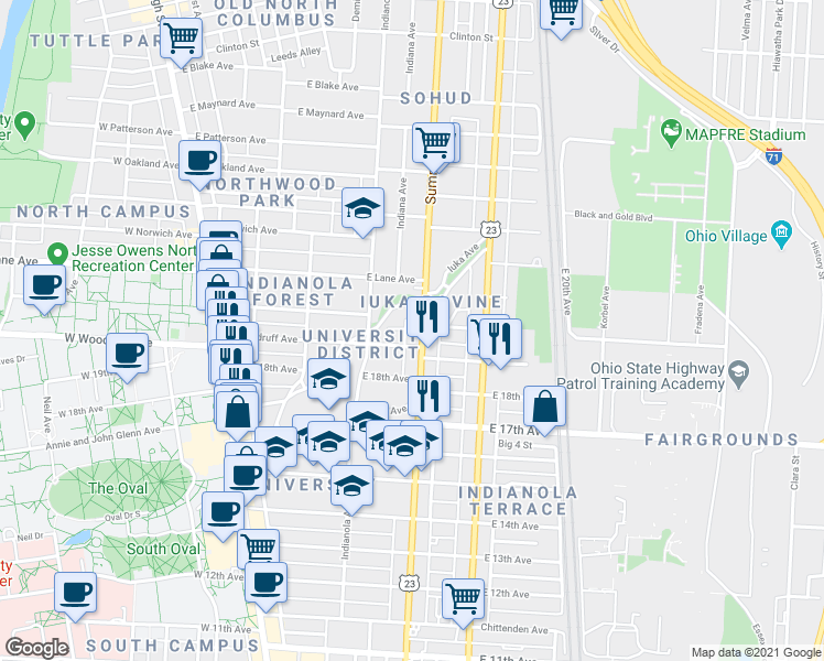 map of restaurants, bars, coffee shops, grocery stores, and more near 1975 Summit Street in Columbus