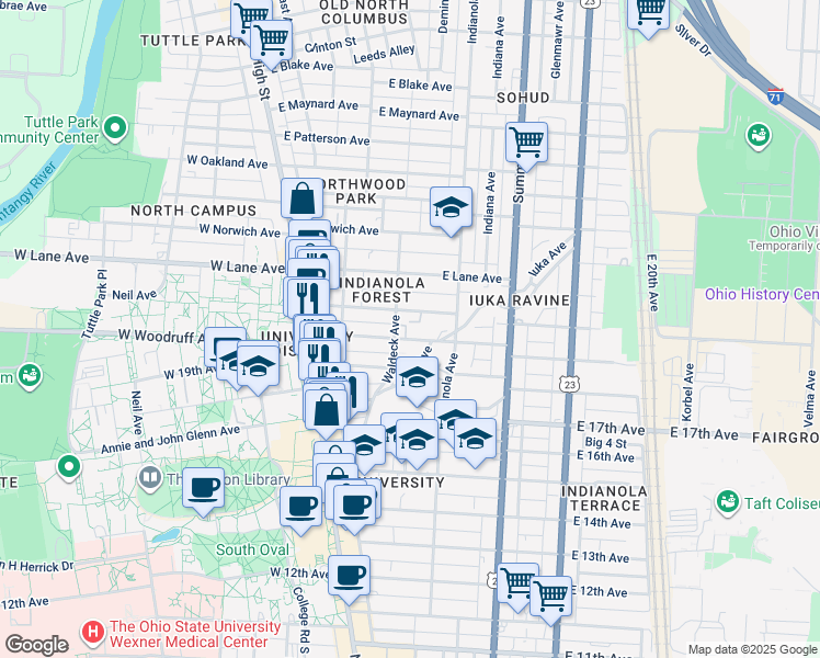 map of restaurants, bars, coffee shops, grocery stores, and more near in Columbus