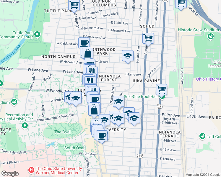 map of restaurants, bars, coffee shops, grocery stores, and more near in Columbus