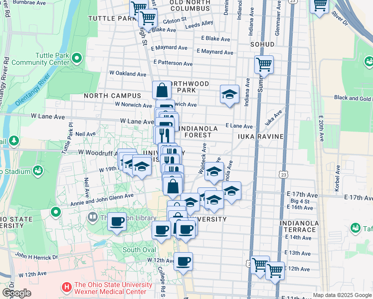 map of restaurants, bars, coffee shops, grocery stores, and more near 60 East 18th Avenue in Columbus