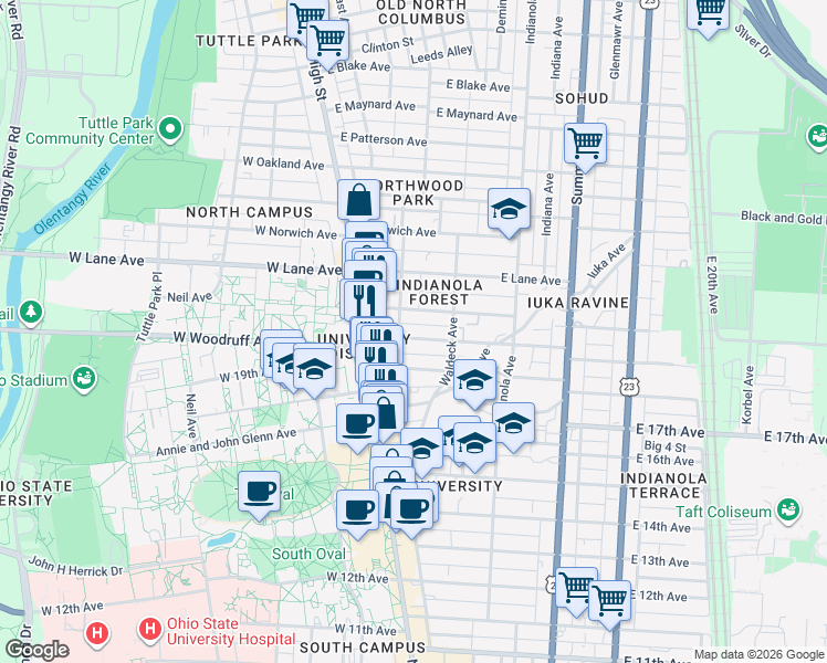 map of restaurants, bars, coffee shops, grocery stores, and more near 68 East Woodruff Avenue in Columbus