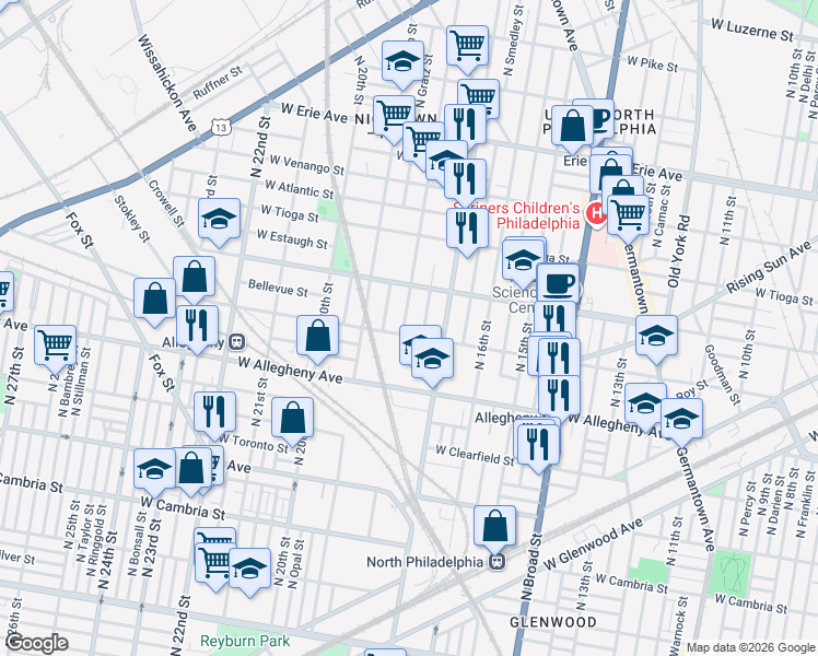 map of restaurants, bars, coffee shops, grocery stores, and more near 1729 West Allegheny Avenue in Philadelphia