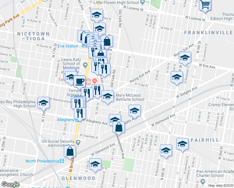 map of restaurants, bars, coffee shops, grocery stores, and more near 1125 West Ontario Street in Philadelphia