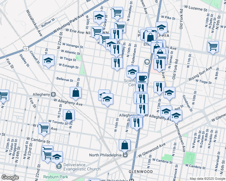 map of restaurants, bars, coffee shops, grocery stores, and more near 3311 North 17th Street in Philadelphia