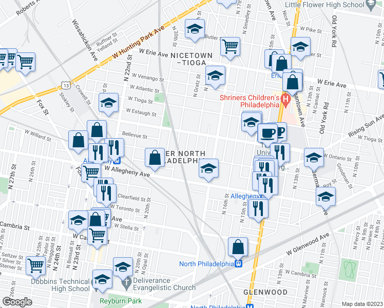 map of restaurants, bars, coffee shops, grocery stores, and more near 3304 North 18th Street in Philadelphia