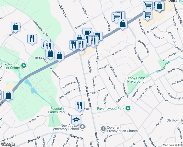 map of restaurants, bars, coffee shops, grocery stores, and more near 2204 Conrow Road in Cinnaminson