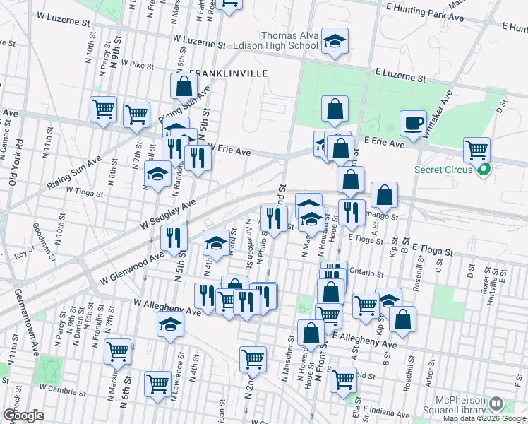 map of restaurants, bars, coffee shops, grocery stores, and more near 3458 Dillman Street in Philadelphia