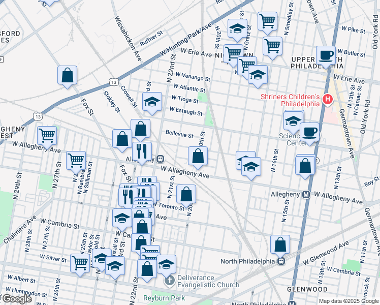 map of restaurants, bars, coffee shops, grocery stores, and more near 3238 North Woodstock Street in Philadelphia