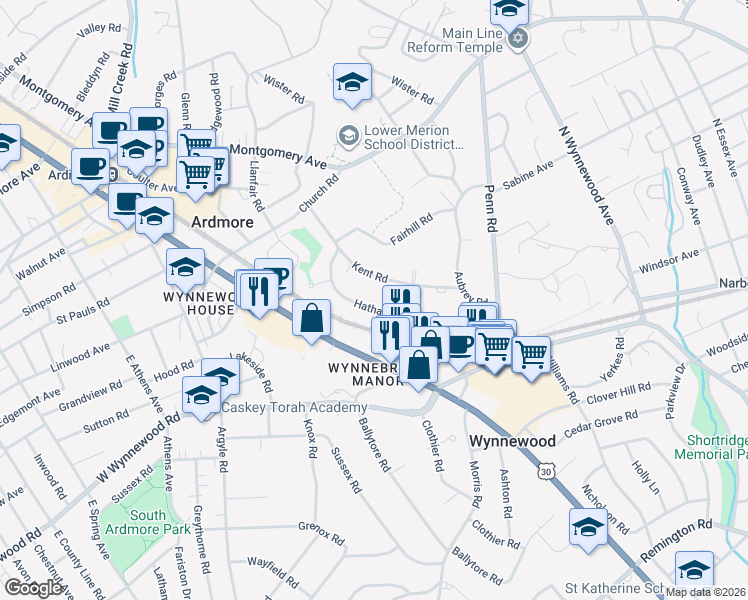 map of restaurants, bars, coffee shops, grocery stores, and more near 268 Hathaway Lane in Wynnewood