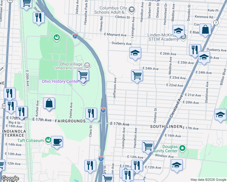 map of restaurants, bars, coffee shops, grocery stores, and more near 937 East 20th Avenue in Columbus