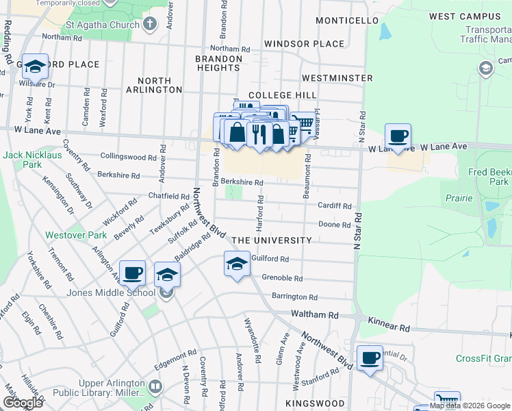 map of restaurants, bars, coffee shops, grocery stores, and more near 1703 Doone Road in Columbus