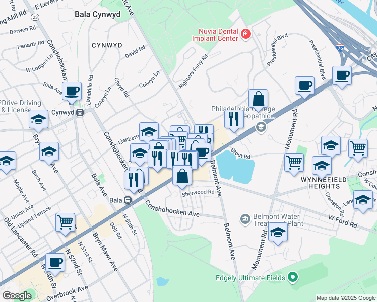 map of restaurants, bars, coffee shops, grocery stores, and more near 121 East City Avenue in Bala Cynwyd