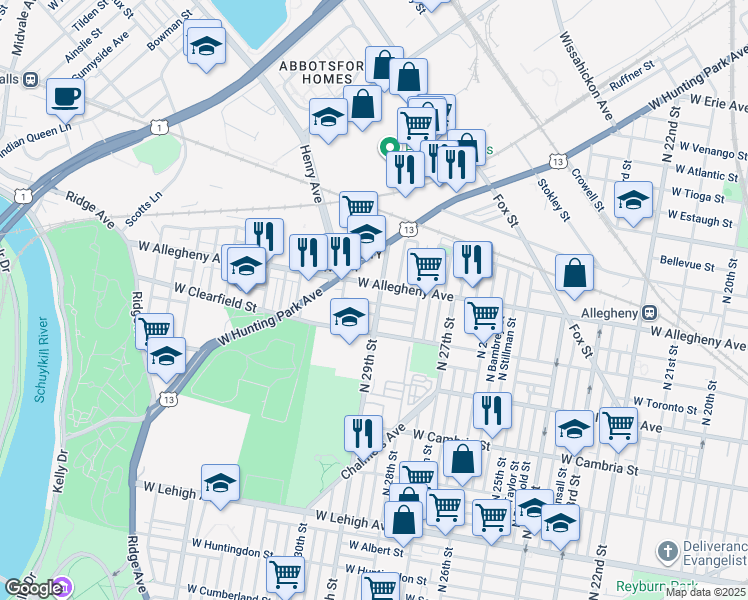 map of restaurants, bars, coffee shops, grocery stores, and more near 3140 North 29th Street in Philadelphia