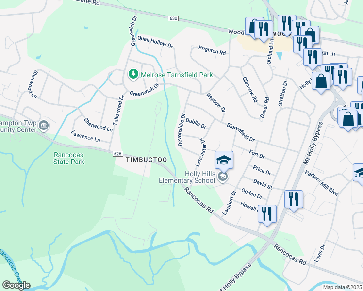 map of restaurants, bars, coffee shops, grocery stores, and more near 7 Devonshire Drive in Westampton