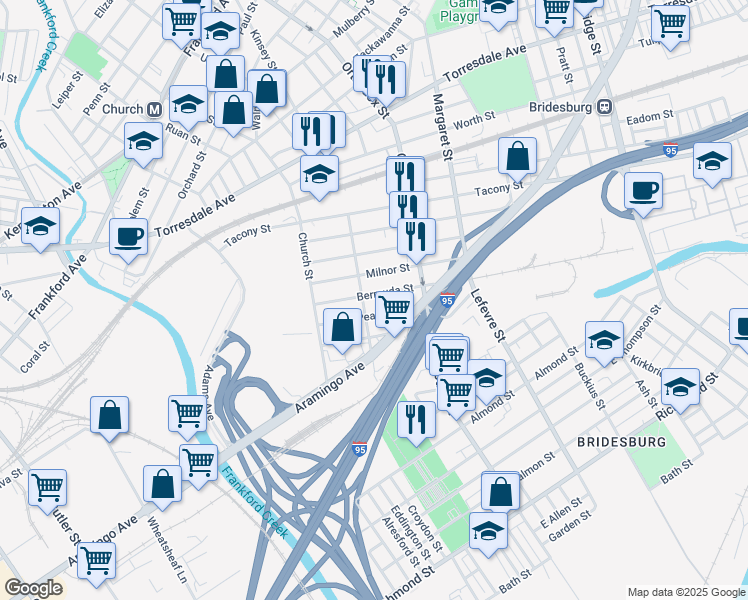 map of restaurants, bars, coffee shops, grocery stores, and more near 4521 Pearce Street in Philadelphia