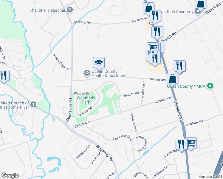 map of restaurants, bars, coffee shops, grocery stores, and more near 111 Lavenham Court in Toms River