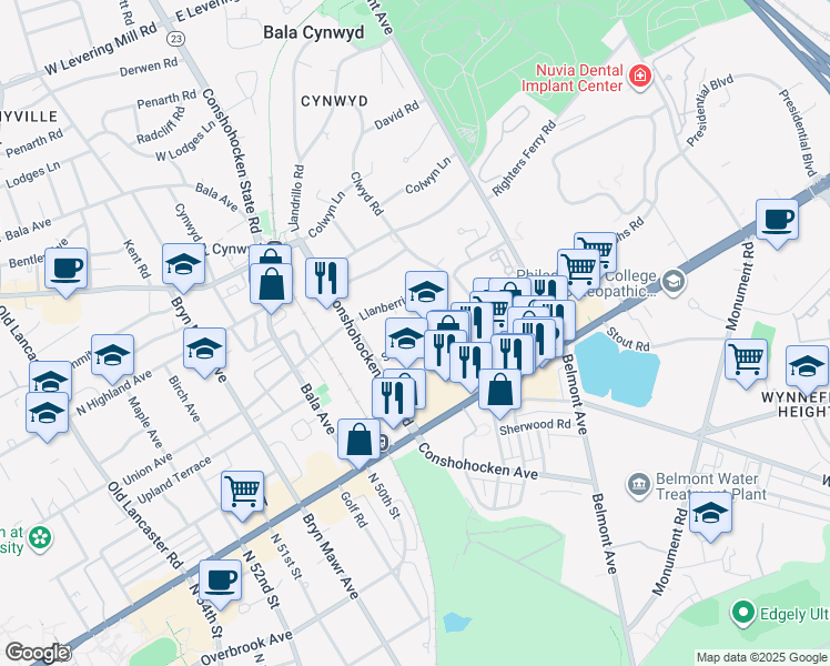 map of restaurants, bars, coffee shops, grocery stores, and more near 20 Saint Asaphs Road in Bala Cynwyd