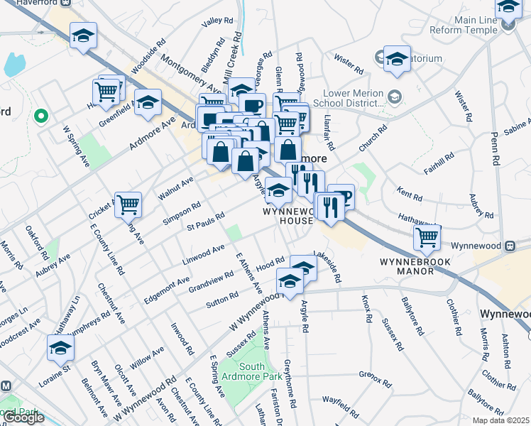 map of restaurants, bars, coffee shops, grocery stores, and more near 126 Argyle Road in Ardmore