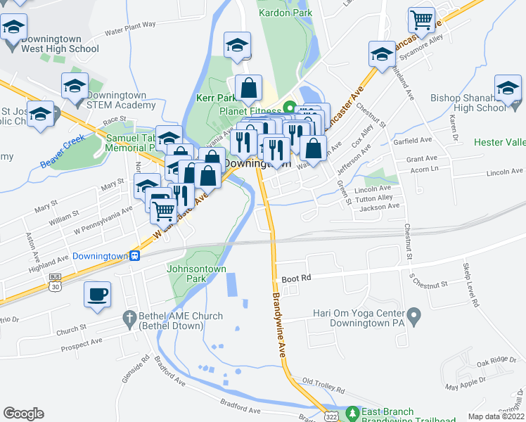 map of restaurants, bars, coffee shops, grocery stores, and more near 212 Brandywine Avenue in Downingtown