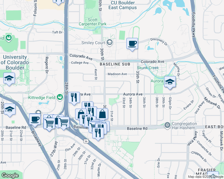 map of restaurants, bars, coffee shops, grocery stores, and more near 3130 Euclid Avenue in Boulder