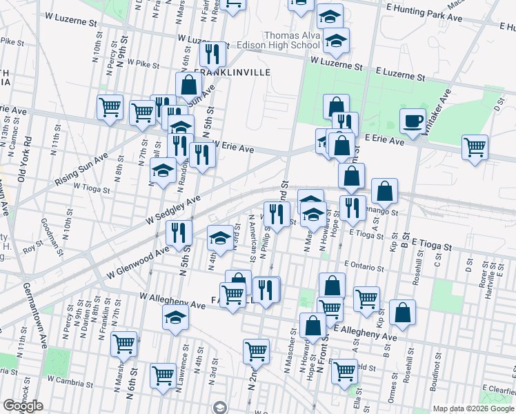 map of restaurants, bars, coffee shops, grocery stores, and more near 221 West Glenwood Avenue in Philadelphia